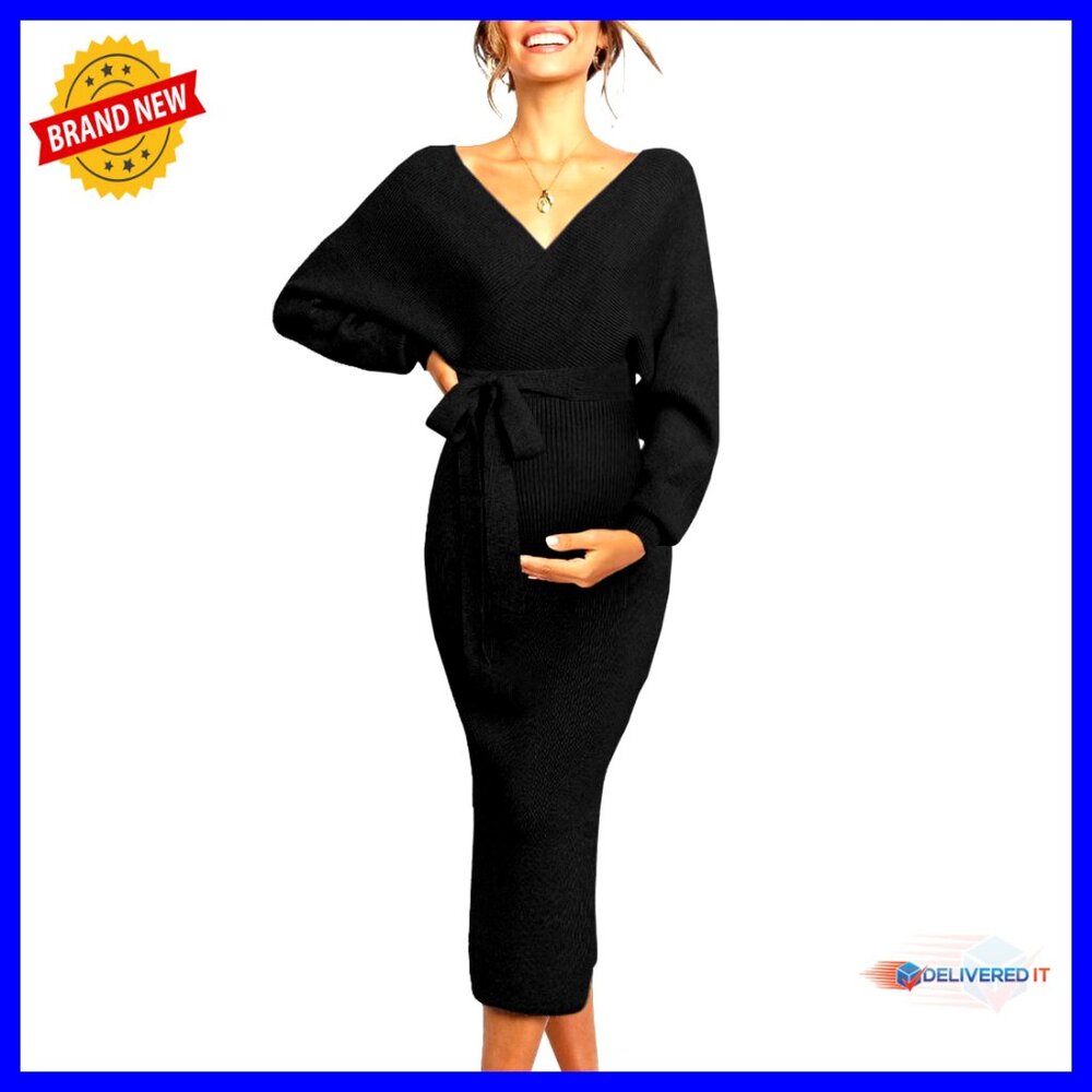 Maternity Nursing Sweater Dress Maxi Long Sleeve Wrap V Neck
